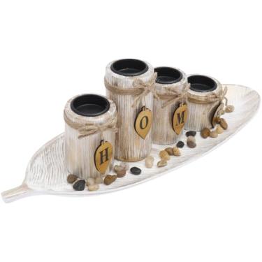 Imagem de Suporte de vela de madeira com bandeja de 4 peças, conjunto de castiçais para luz de chá, inclui 1 saco de pedra natural, adequado para mesas de jantar, mesas de centro e cornijas de lareira