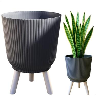 Imagem de Cachepô 14,5L 30cm x 27,5cm Preto com Tripé Acabamento Madeira Granito - Polipropileno Duro e Resistente - Vaso Decorativo Elegante para Plantas - Top Garden