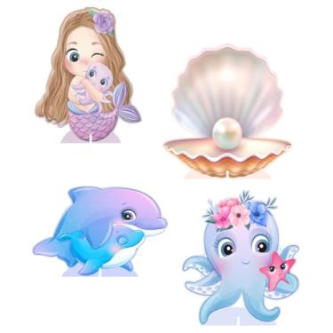 Imagem de KIT 4 Displays Sereia Aquarela 20cm - Vinil Fosco Sem Reflexo - Totem Decoração Festa Infantil Aniversário