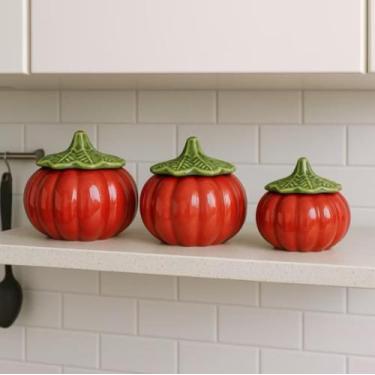 Imagem de Conjunto de 3 Potes Cerâmica Abóbora Vermelha Decorativos de Cozinha c