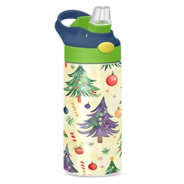 Imagem de YETTASBIN Garrafa de água de árvore de Natal para crianças, 340 g, à prova de vazamento, parede dupla, isolada, garrafa de água de aço inoxidável, copo de viagem com tampa de canudo para meninas