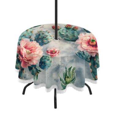 Imagem de CEBUGI Toalha de mesa redonda para ambientes externos, cacto, impermeável, com furo Umberlla, capa de mesa lavável para pátio, cozinha, sala de jantar, 152 cm