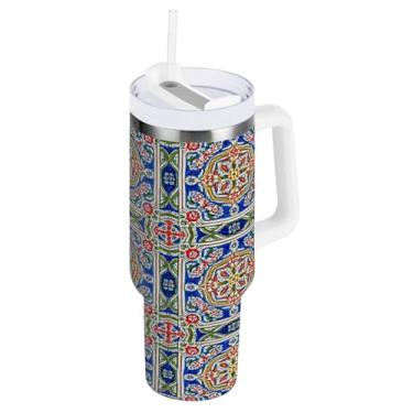 Imagem de Kigai Copo de 1,134 g com alça, lindos padrões florais de cerâmica copos isolados com tampa e canudo, garrafa de água esportiva de metal grande, caneca de café de viagem de aço inoxidável