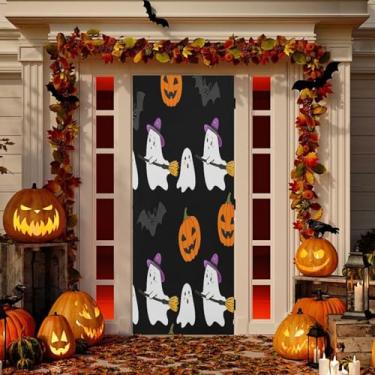 Imagem de Wassud Decoração de capa de porta com elementos temáticos de Halloween, faixa interna para área externa, decoração de casa de varanda, decoração grande para porta da frente 96 x 98 polegadas