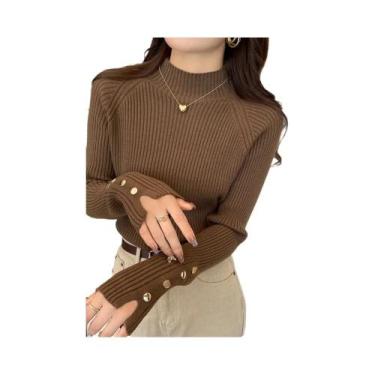 Imagem de Suéter De Tricô Feminino De Manga Longa Com Gola Alta Slim Fit Outono 