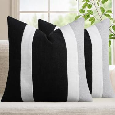 Imagem de Adabana Capas de almofada modernas 45,7 x 45,7 cm, conjunto de 2 capas de almofada de linho para sala de estar, sofá-cama, preto e branco
