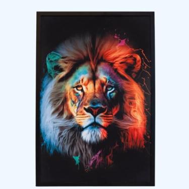 Imagem de Quadro Decorativo com Moldura, Leão Colorido Artístico em Tela, 62x43cm, Ideal para Sala e Escritório