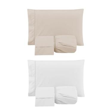 Imagem de Kit 2 Jogos de Lençol Casal Padrão com Elástico e Fronhas Bordada em Ponto Palito, 6 Peças em Micropercal 300 Fios 100% Poliéster (2 Jogos CP Versat (Cáqui/Branco))