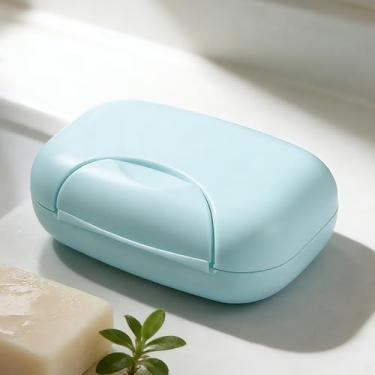 Imagem de Saboneteira portátil azul para viagem com tampa à prova de vazamento para uso em banheiro e chuveiro