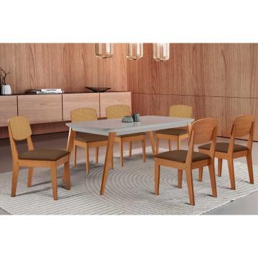 Imagem de Sala Jantar Mesa Havana Tampo c/ Vidro Curvo 180cm+6 Cadeiras Havana Naturale/Off White - Corano Capuccino - Rufato