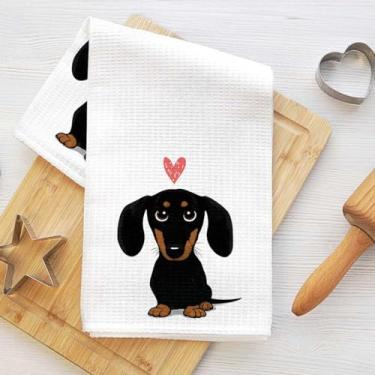 Imagem de Toalhas de cozinha fofas de dachshund 61 x 35 cm, adoráveis toalhas de mão de waffle de coração de cachorro para cozinha, casa, banheiro, pano de prato de microfibra macia absorvente, toalha de chá