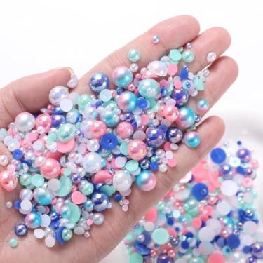 Imagem de Pérolas planas para artesanato, meias pérolas e pedras preciosas azuis mistas, 3/4/5/6/8/10 mm meia redonda ABS flatback pérola pedras deslumbrantes para unhas DIY sapatos roupas bolsas