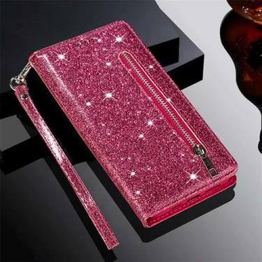 Imagem de Capa de couro com zíper, glitter e compartimento para cartões, para Xiaomi 14T Redmi 15C 14C 13C 12C Note 14 Pro+ 14S 13 12 11 10 Pro, rosa-avermelhada, para Redmi 14C