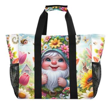 Imagem de ODAWA Bolsa de mão dobrável impermeável à prova de areia fofa de gnomo para compras de supermercado, bolsa de lona de grande capacidade para compras, Gnomo fofo da primavera, One Size