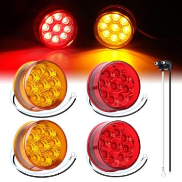 Imagem de TMH Pacote com 4 mini marcadores laterais redondos de 5 cm, 2 âmbar + 2 luzes vermelhas com refletores, luzes de folga de 9 LEDs, trança de arame selada à prova d'água para caminhão de reboque, van e