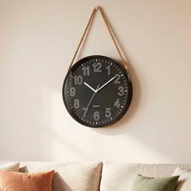 Imagem de Relógio Parede Redondo Decorativo Preto Com Alça Corda 25cm
