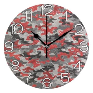 Imagem de GAIGEO Relógio de parede analógico de camuflagem vermelho preto cinza decorativo relógio de cozinha bonito estético silencioso sem tique-taque, decoração de parede moderna para sala de estar, 25 cm