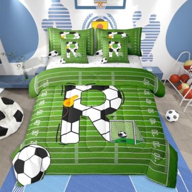 Imagem de jejeloiu Conjunto de edredom solteiro de futebol americano com 7 peças, para crianças, meninos, meninas, presentes inspiradores para amantes de futebol, cama em uma bolsa, monograma, macio, leve
