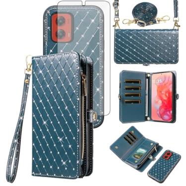 Imagem de Capa de celular para Motorola Moto G Stylus 5G 2024 com zíper carteira destacável com protetor de tela de vidro temperado alça transversal alça flip glitter porta-cartão slot G5 mulheres meninas verde