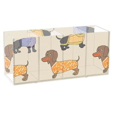 Imagem de TSENQUE Porta-canetas de acrílico bege personalizado Dachshunds para mesa com marcador fofo, lápis, pincel de maquiagem, copo decorativo, material de escritório, decoração