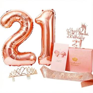 Imagem de Decorações de aniversário de 21 anos para ela ZJDZTK, incluindo faixa de aniversário de 21 anos de ouro rosa, coroa, topo de bolo, velas digitais, conjunto de balões, cartão de acompanhamento e linda
