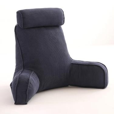 Imagem de CYTJHMD Almofada de leitura, almofada de encosto para cama, almofada de apoio para as costas da cama com encosto de cabeça e braços, capa lavável removível e rolo de pescoço removível, azul escuro, 80