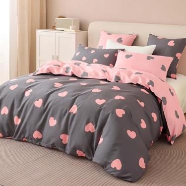 Imagem de Bildenly Conjunto de edredom de solteiro, cinza - rosa e coração, 2 peças, conjunto de edredom solteiro, macio e leve (168 x 230 cm), para meninas em todas as estações e 1 fronha (76 x 50 cm)