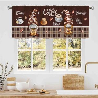 Imagem de Cortinas de festa de fazenda para cozinha, marrom vintage tema gnomo café latte cappuccino xícara de chá bonito bolso para varão pequenas cortinas para sala de estar quarto armário banheiro, 137 x 45
