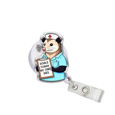 Imagem de OKOMCM Goals Today: Ninguém morre carretéis retráteis, enfermeira possum tamanho 5 cm clipe de cinto acrílico suporte de crachá de identificação, cordão de crachá de animal engraçado, acessórios de