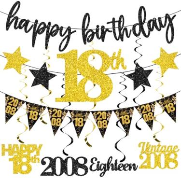 Imagem de 12 peças de decorações de aniversário de 18 anos para meninos e meninas, ouro preto vintage 2008 feliz 18º aniversário banner triângulo bandeira bandeira glitter pendurado redemoinhos suprimentos de