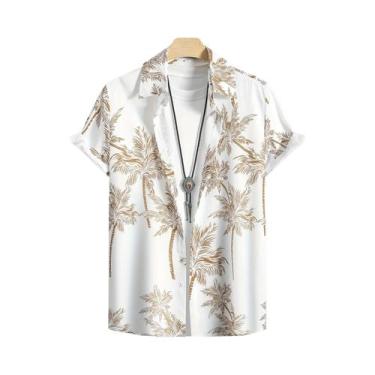 Imagem de Camisa Havaiana Masculina Com Estampa De Palmeira, Manga Curta, Botões