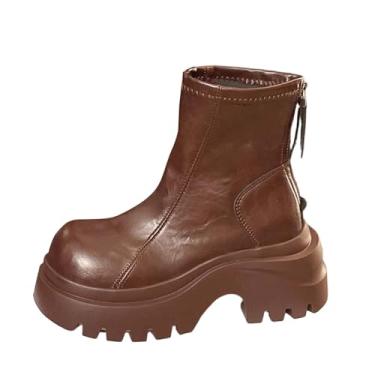 Imagem de Botas femininas modernas de inverno, sola grossa, cano curto, estilo britânico, bico redondo, casual, confortável, aumento da altura média da panturrilha, cabedal de poliuretano, Marrom, 36