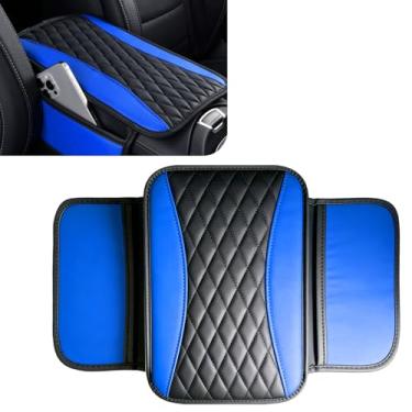 Imagem de SWQS Capa de console central de couro patchwork, capa de apoio de braço de carro atualizada com 2 sacos de armazenamento, capas universais de descanso de braço para carro, acessórios internos de