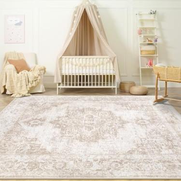 Imagem de Tapete Zomfy Vintigo bege claro 1,12 x 1,8 m: Tapete de medalhão lavável, resistente a manchas, antiderrapante, retrô para sala de estar, quarto, cozinha, mesa de jantar, escritório em casa