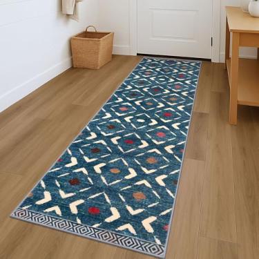Imagem de KILOCOCO Tapete de corredor de 6 x 18 cm para corredores tapete lavável antiderrapante para lavanderia tapete de pêlo baixo corredor para quarto, cozinha, sala de estar, tapete boho, azul-petróleo