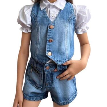 Imagem de Conjunto Jeans Infantil Meninas Confortavel-Short+Camisa Social+Colete