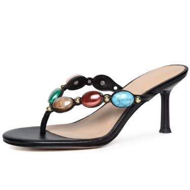 Imagem de BeeLg Sandálias femininas de salto dental Jewelled Toe aberto redondo salto alto chinelos moda verão praia vestido sandálias, Preto, 37
