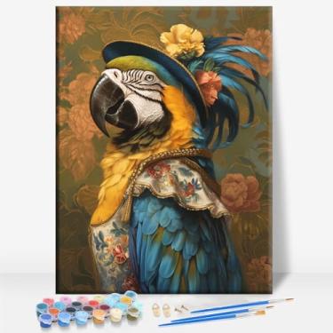 Imagem de HUINORYA Elegante arara tropical pássaro emoldurada em tela DIY kit de pintura por números bar café caverna casa de banho parede banheiro varanda pátio decoração presente, 40,6 x 30,5 cm