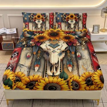 Imagem de AILONEN Jogo de lençol casal com caveira de touro exótico, girassol ocidental, asteca, caçador de sonhos, com 2 fronhas, 3 peças