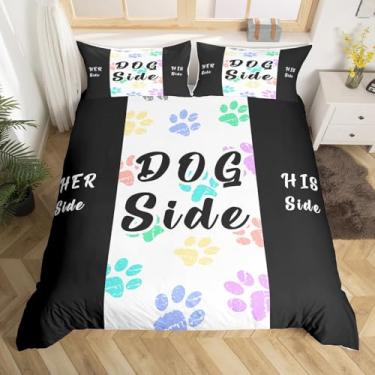 Imagem de Conjunto de capa de edredom com estampa Dog Paws, tamanho casal, lado do cachorro, lado dele, lado dela, decoração de quarto de meninos e meninas, capa de edredom rústica de animais de estimação fofos