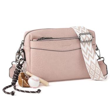 Imagem de TANTOMI Bolsas transversais para mulheres, bolsa tiracolo de couro com zíper triplo, carteira feminina com alça larga, Rosa (dusty pink), M