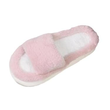 Imagem de Pantufas de pelúcia para uso interno e externo, confortável, forradas com veludo, bico aberto, sapatos casuais para uso doméstico para o inverno, rosa, 36
