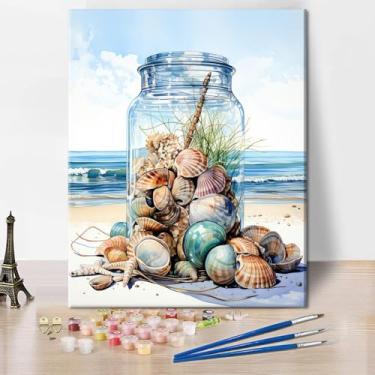 Imagem de TUMOVO Kit de pintura de conchas por números para adultos iniciantes, pintura de praia para adultos por número em tela, pintura a óleo de cenário marítimo para presente, decoração de parede