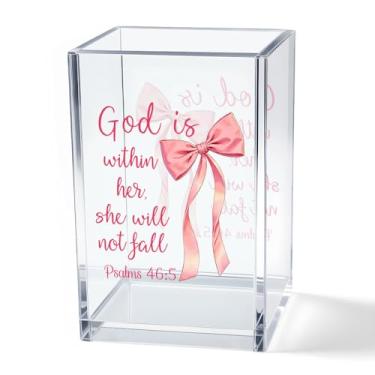 Imagem de Vgrti God is Within Her She Will Not Fall Psalm 46:5 Copo de acrílico para lápis para lápis, organizador de mesa com laço rosa para decoração de escritório em casa, presentes de fé cristã para
