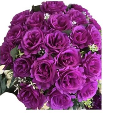 Imagem de Buquê de Rosas Artificiais com Folhagem C/24 Flores – Arranjo Decorativo Realista para Casa, Festa e Presente(Roxo -4581/3916)