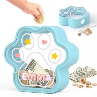 Imagem de KMC Cofrinho infantil com estampa de pata, cofrinho de madeira natural com adesivos para meninas, meninos e adultos, presente personalizado para aniversário e festival, azul pequeno, 12 cm