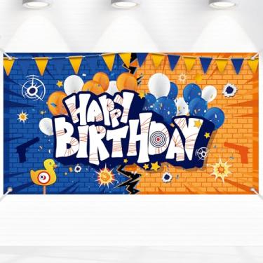 Imagem de Arma de fundo de feliz aniversário, faixa fotográfica de batalha de dardos de 1,8 x 1 m com corda azul e amarelo, decoração de parede pendurada para meninos, crianças, adolescentes, artigos de festa