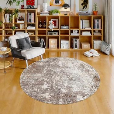 Imagem de Tapete redondo lavável de cozinha de 1,2 m: Tapete circular pequeno antiderrapante para banheiro, sala de estar, quarto - Tapete circular abstrato neutro moderno macio (marrom bege, 10 x 10)