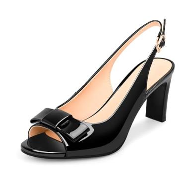 Imagem de yowmns Sandálias femininas Peep Toe com salto alto e laço de couro envernizado, Preto, 36