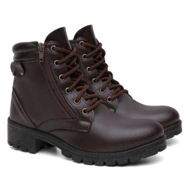 Imagem de Coturno Tratorado Conforto Flex Couro Ecológico Zíper Lateral Cadarço Solado Tratorado-Feminino